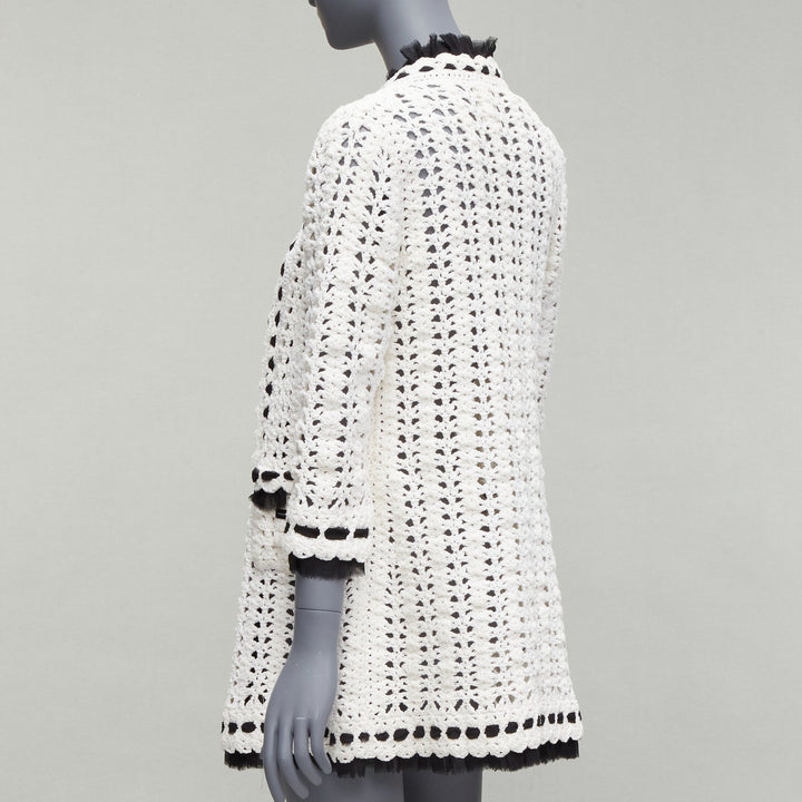 CHANEL 05P Runway cream crochet knit black silk trim cardigan coat FR38 M