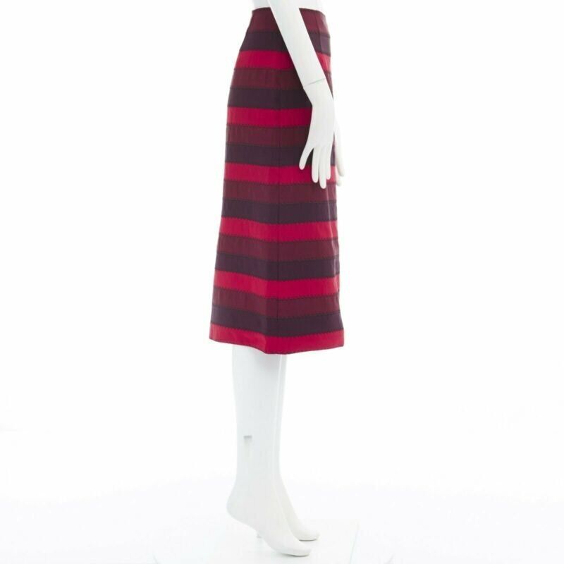 MARY KATRANTZOU red purple stripe ribbon overstitched fitted midi skirt UK8 26"
