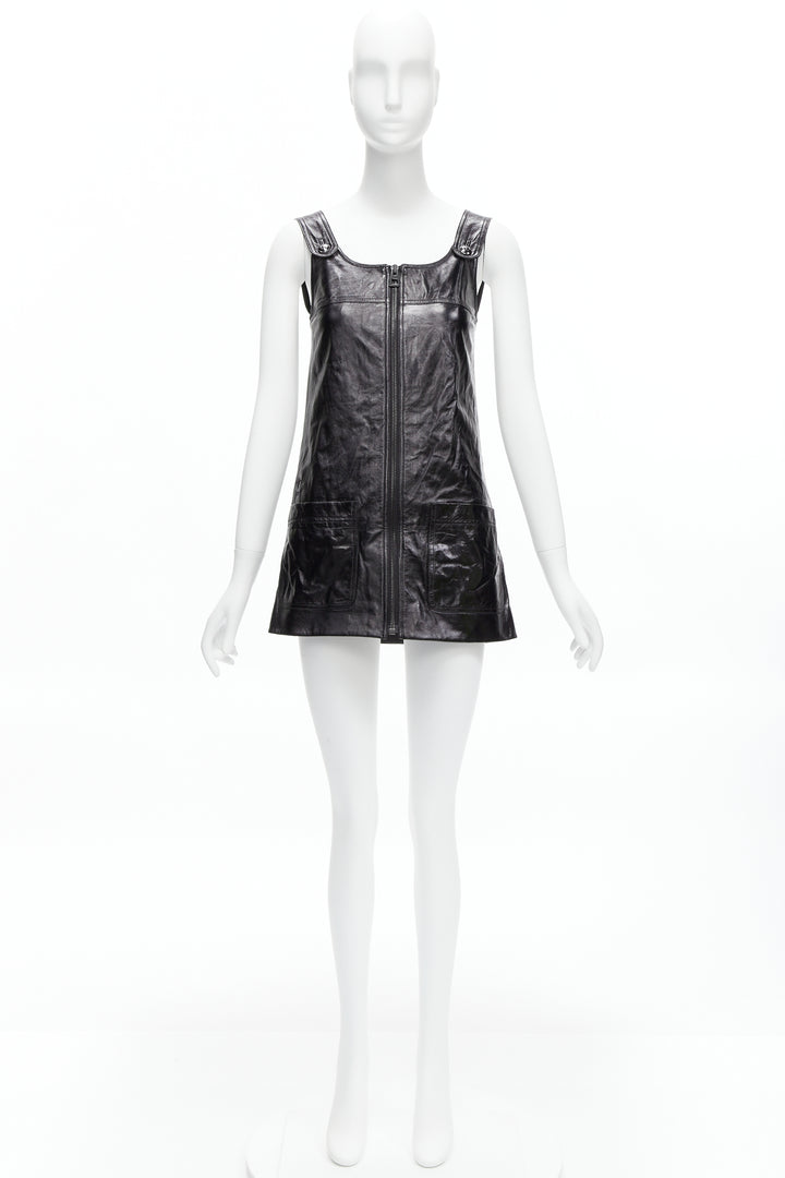 CHRISTIAN DIOR 2022 black crinkled lambskin leather CD logo dungare dress FR36 S