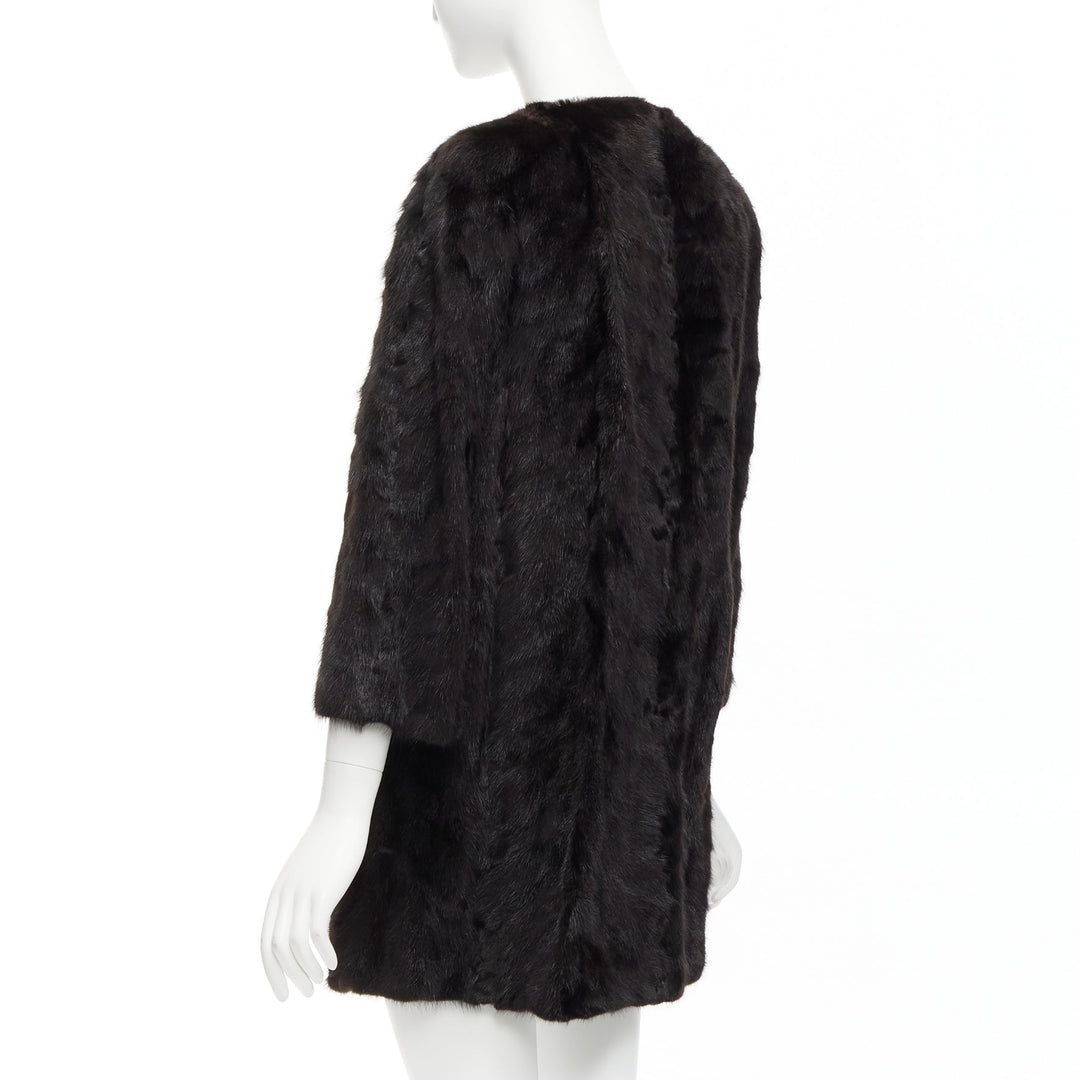 CHEVITTE dark brown genuine fur jewel neck cropped sleeves coat top M