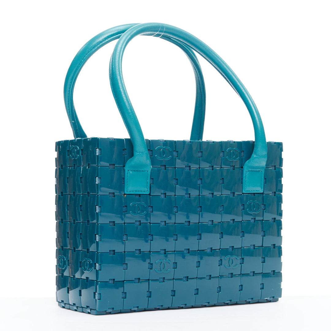 rare CHANEL Puzzle blue plastic CC chip leather stitch tote bag