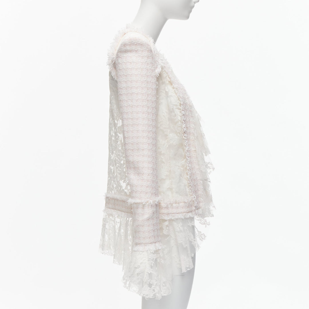 BALMAIN Spencer pink white tweed sheer lace ruffle blazer jacket FR34 XS