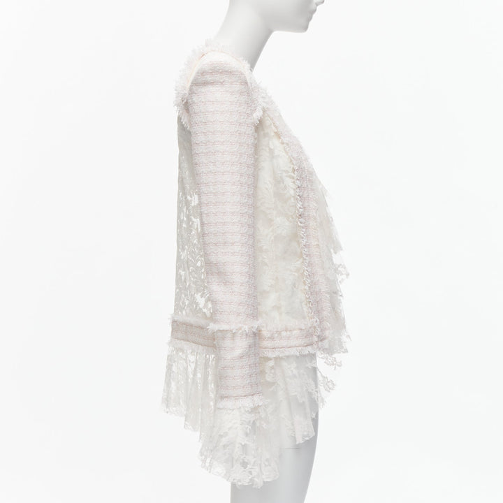 BALMAIN Spencer pink white tweed sheer lace ruffle blazer jacket FR34 XS