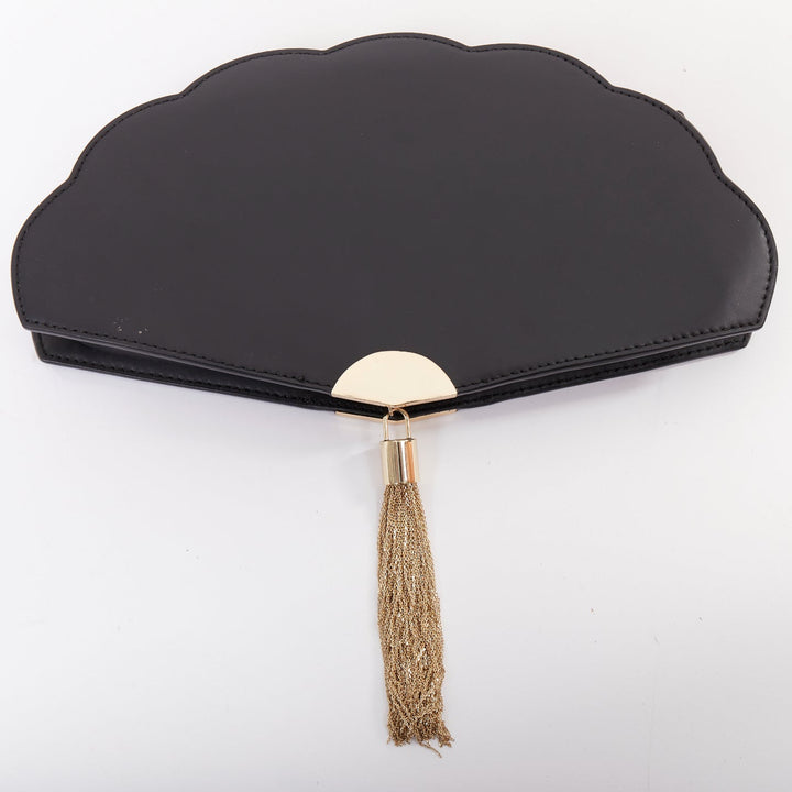 KATE SPADE Dress The Part black leather cut gold tassel fan clutch bag