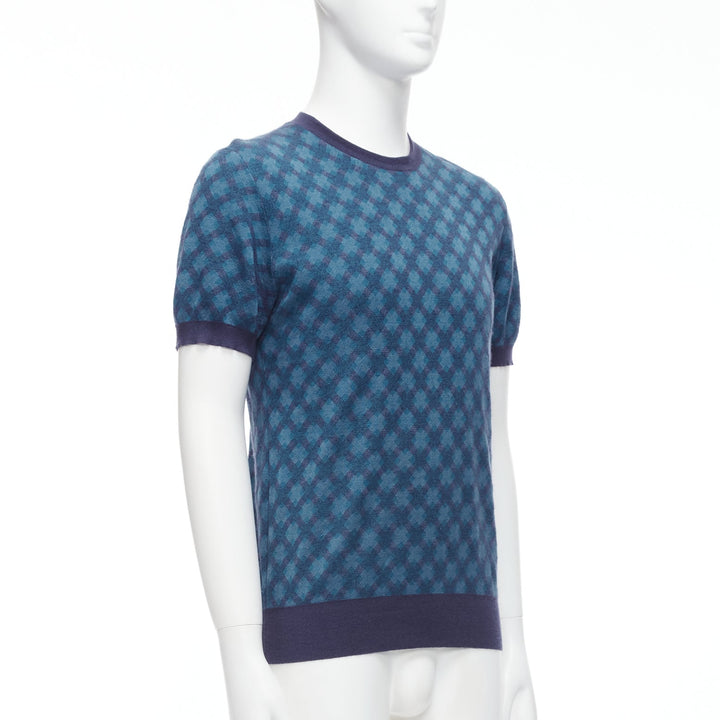 BRIONI silk cashmere blue navy diagonal check short sleeve sweater IT50 L