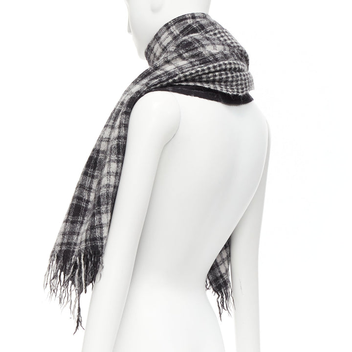 Y'S YOHJI YAMAMOTO grey 100% wool checkered black Y safety pin fringe scarf
