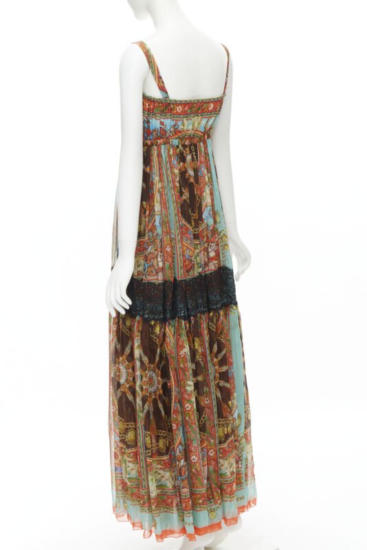 DOLCE GABBANA 2013 Carretto print silk black lace insert maxi dress IT36 XS