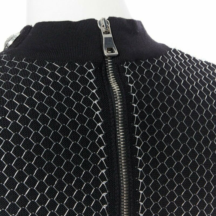 BALMAIN ROUSTEING black silver thread fluffy military button bodycon dress S