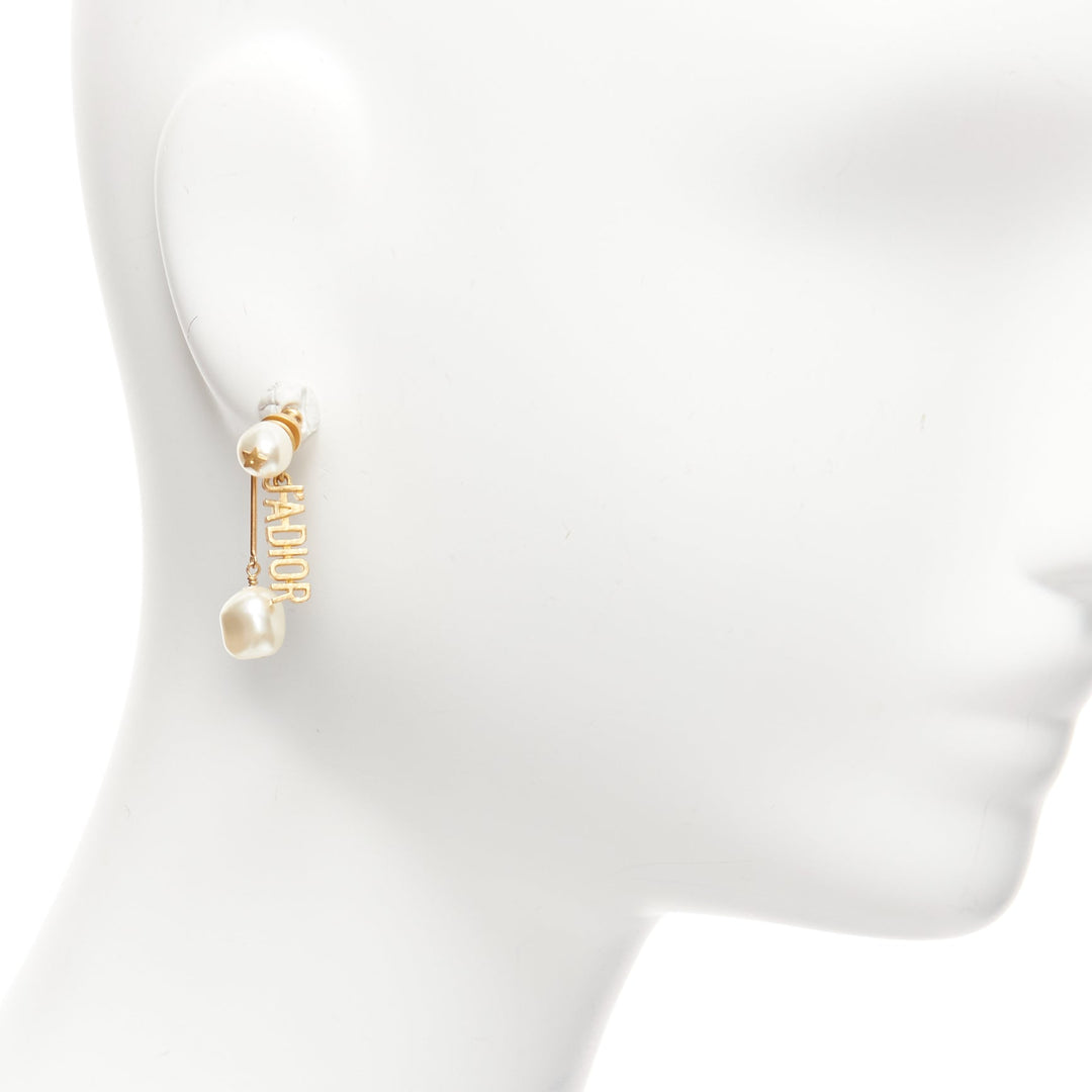 DIOR Tribale J'adior gold pearl logo drop star pin asymmetric stud earrings pair
