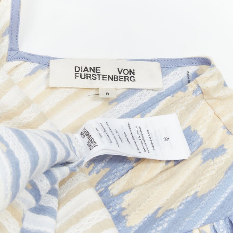 DIANE VON FURSTENBERG beige blue print lattice embroidery puff sleeve dress US8