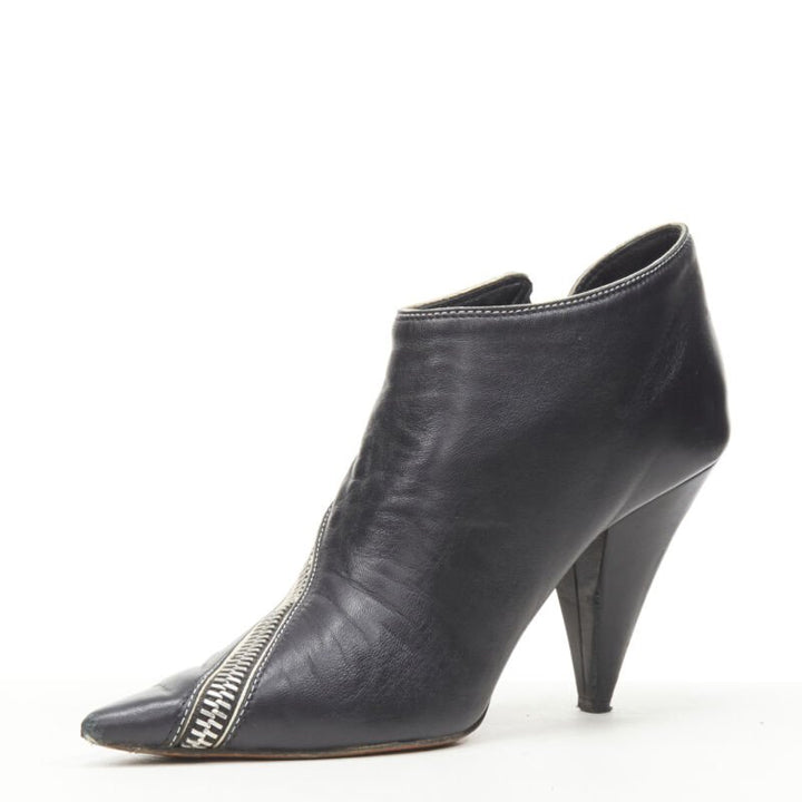 OLD CELINE Phoebe Philo black leather twist silver zip cone heel bootie EU36.5