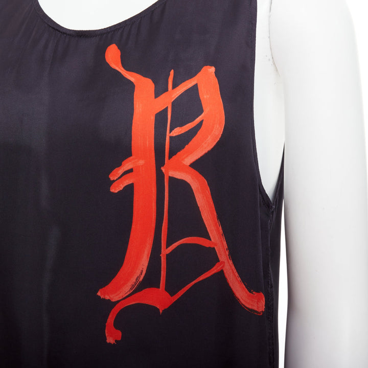DRIES VAN NOTEN black viscose gothic R print viscose tank top IT46 S