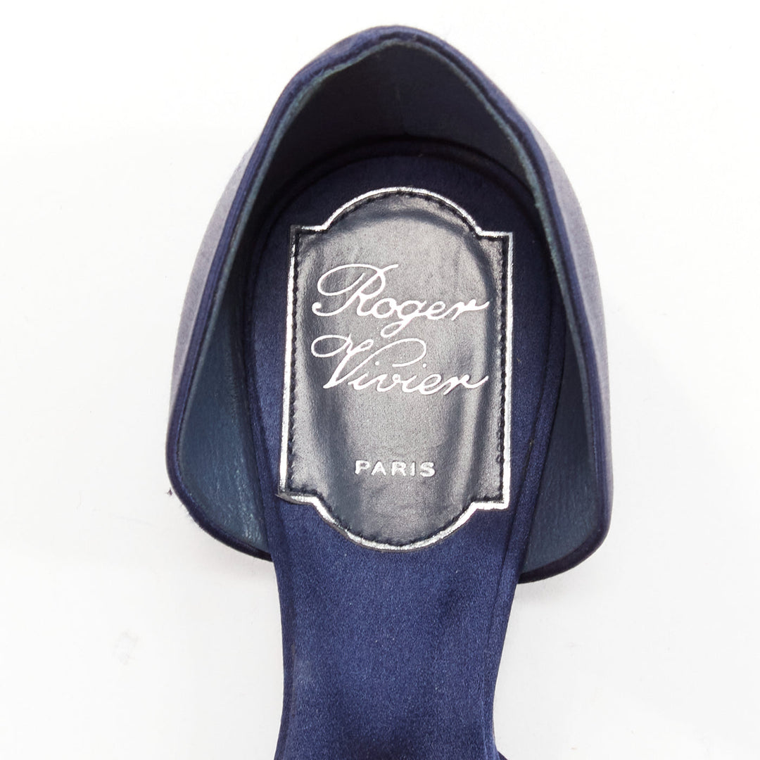 ROGER VIVIER Chips Strass navy satin crystal square buckles flat shoes EU35