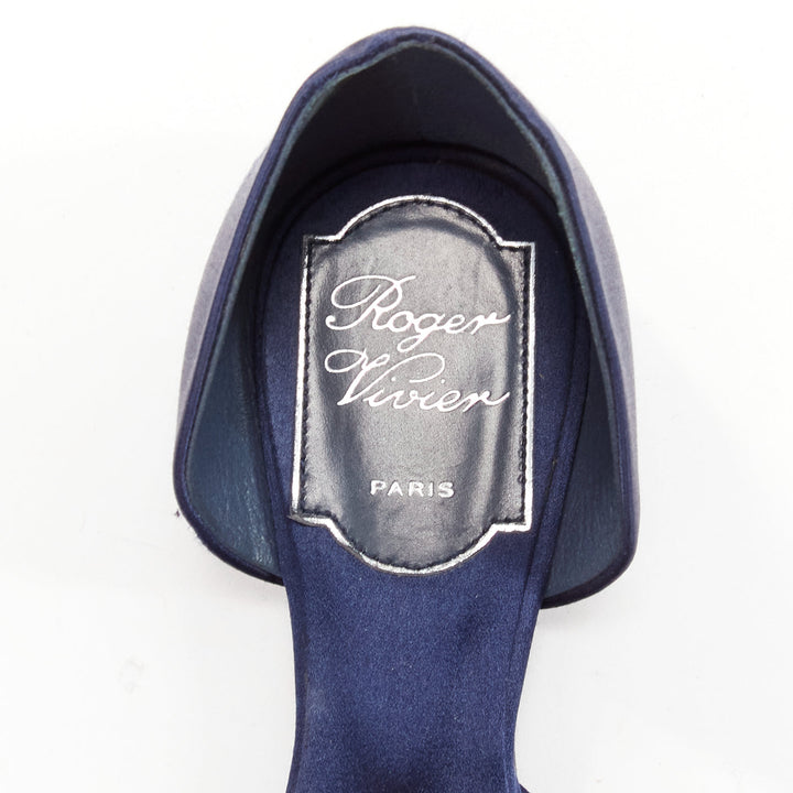 ROGER VIVIER Chips Strass navy satin crystal square buckles flat shoes EU35
