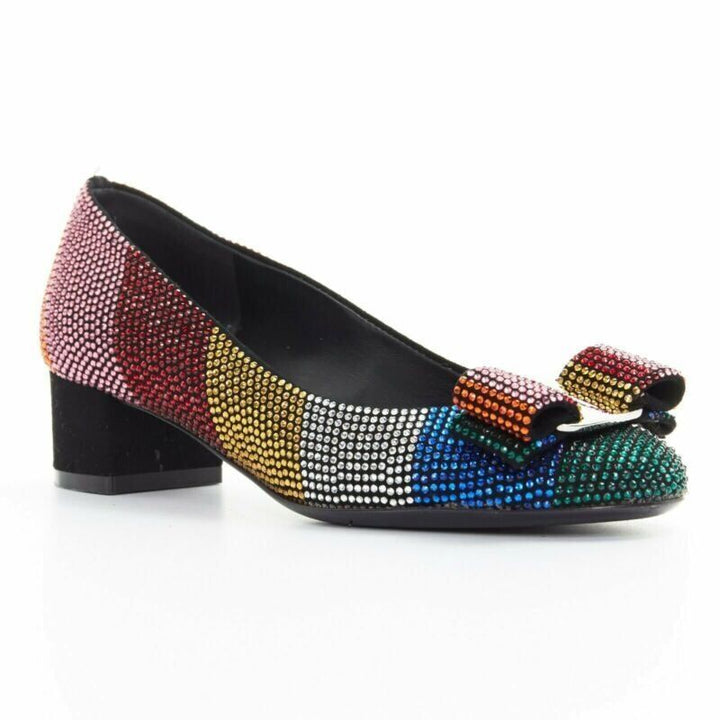 SALVATORE FERRAGAMO Vara rainbow crystal strass bow chunky kitten pump EU34