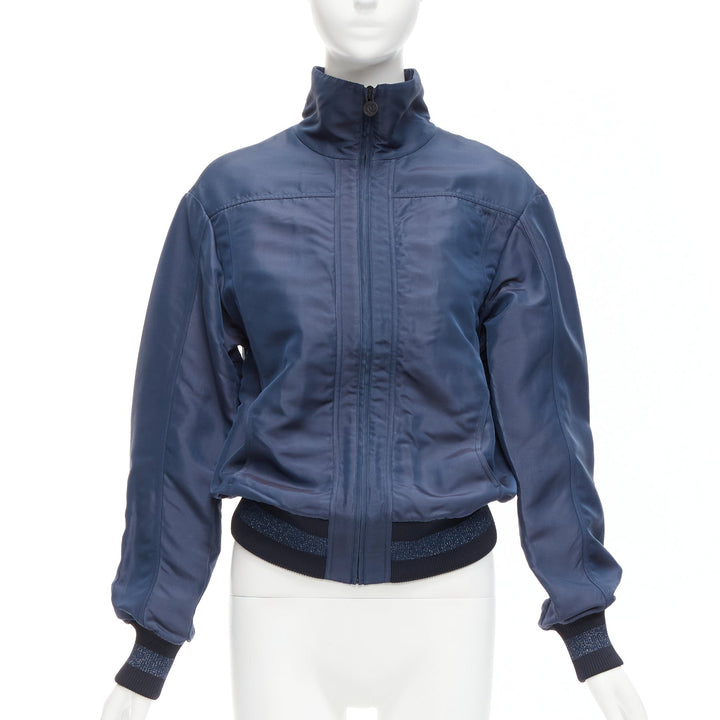 CHANEL Vintage navy viscose silk CC logo zip bomber jacket FR34 XS