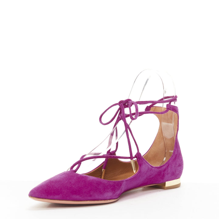 AQUAZZURA Belgravia purple suede leather pointy lace up gold heel flats EU37.5