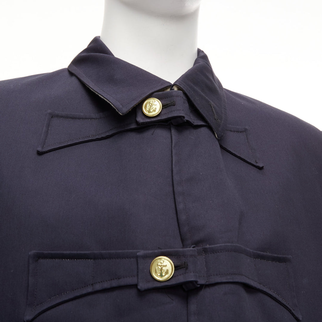 THOM BROWNE 2008 navy gold anchor button loop through boxy longline coat Sz.3 L