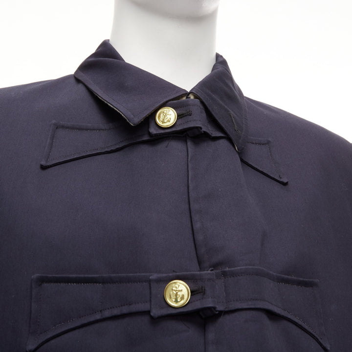THOM BROWNE 2008 navy gold anchor button loop through boxy longline coat Sz.3 L