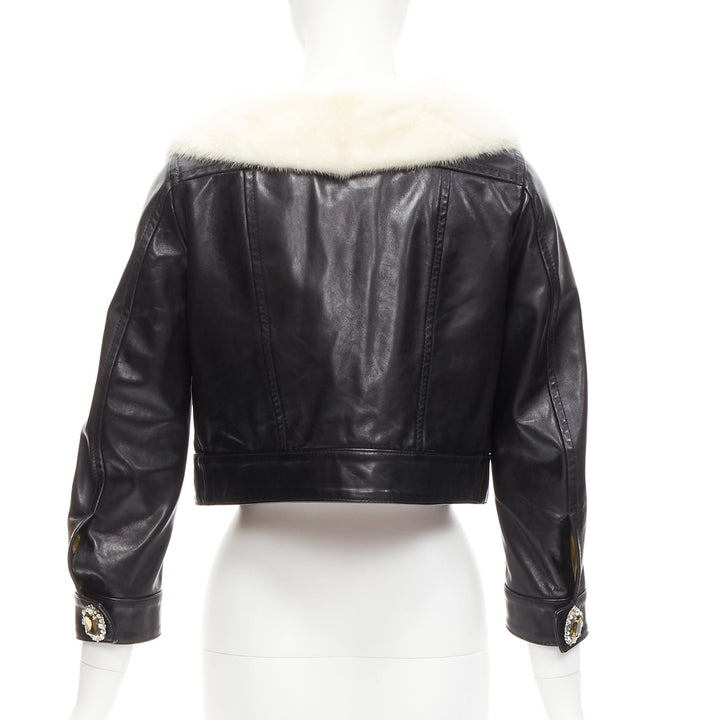 rare DSQUARED2 asymmetric fur collar jewel button cropped leather jacket IT40 S