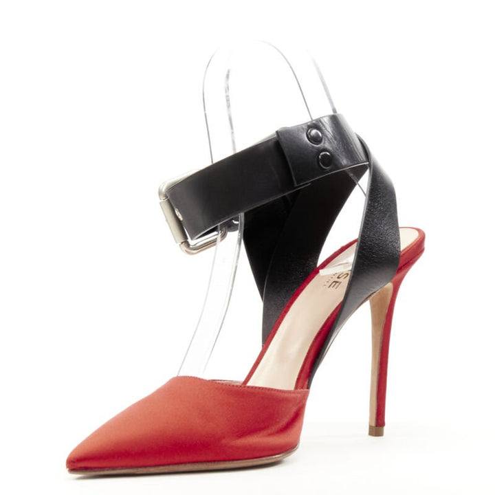 MONSE Runway red satin black punk ankle strap pump EU39