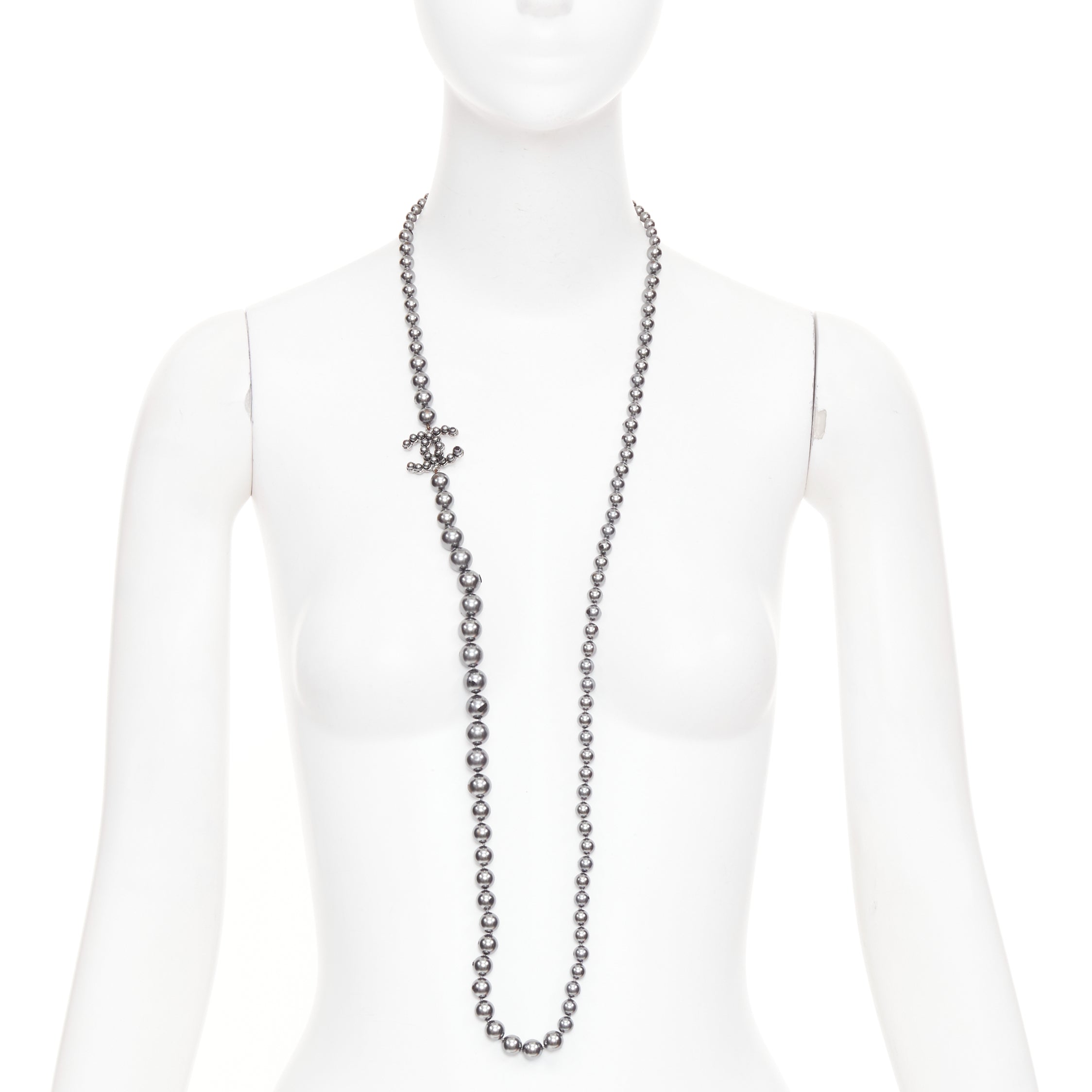 CHANEL B15P CC grey ruthenium metallic glass pearl long strand