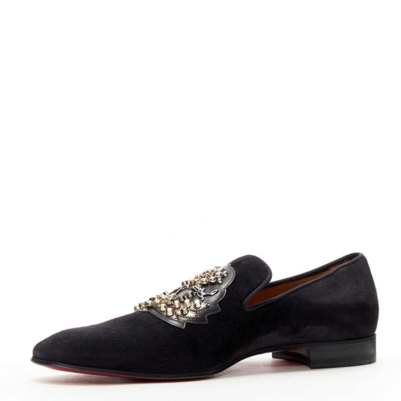 CHRISTIAN LOUBOUTIN Ecupump Flat black suede studded CL crest loafer EU42