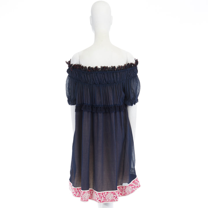 CHLOE navy embroidery lace trim off shoulder boho dress FR36 S