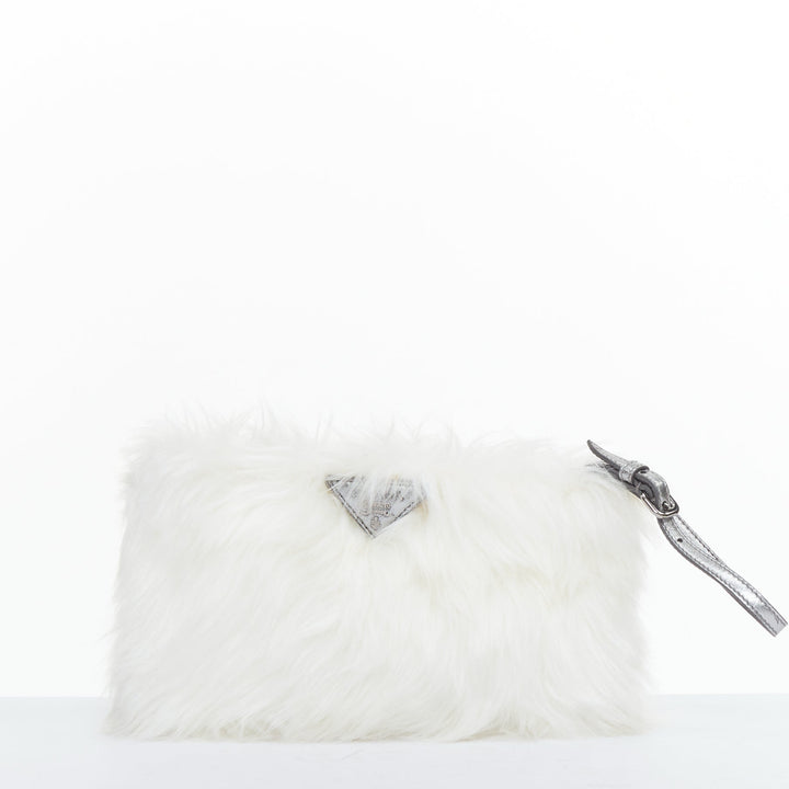 PRADA white faux fur silver triangle logo wristlet clutch bag