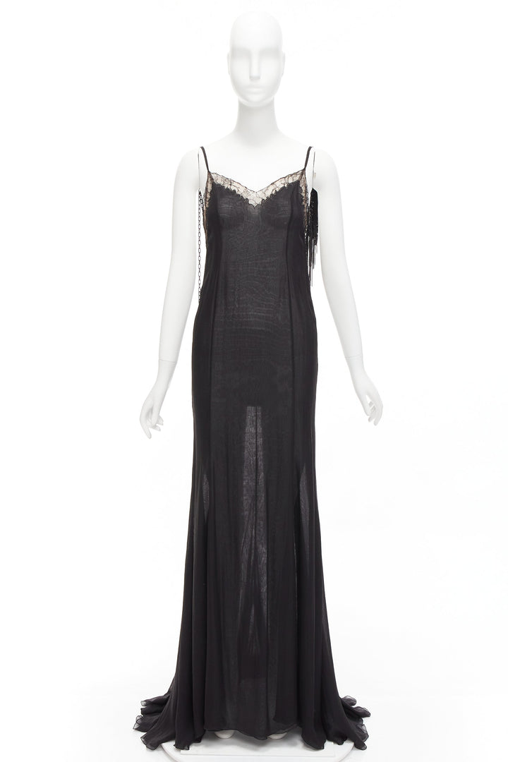 GIANNI VERSACE Vintage black punk chain detail lace trim sheer long gown IT38 XS