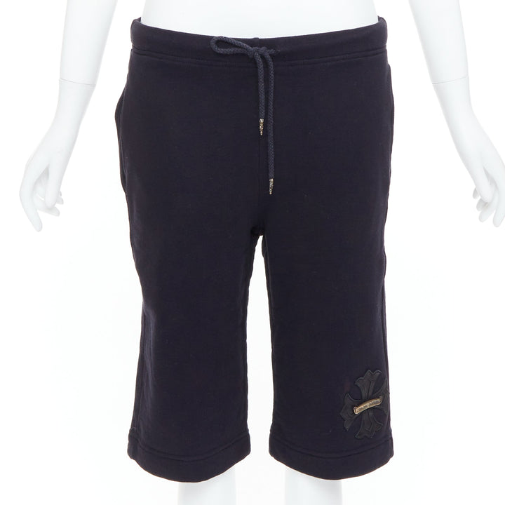 CHROME HEARTS black leather crucifix cross patch cotton bermuda shorts M