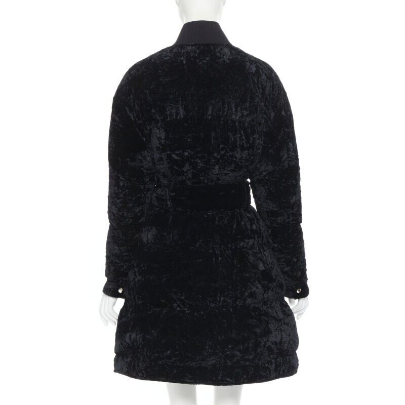 VERSUS VERSACE embroidery black crushed velvet belted puffer jacket IT38