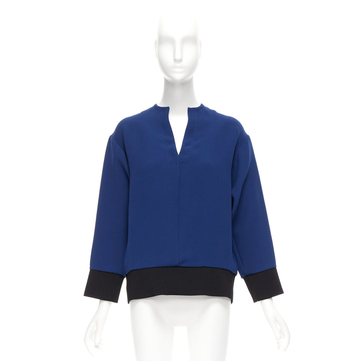 MARNI blue V neck contrast ribbing long sleeve boxy cocoon top IT36 XS
