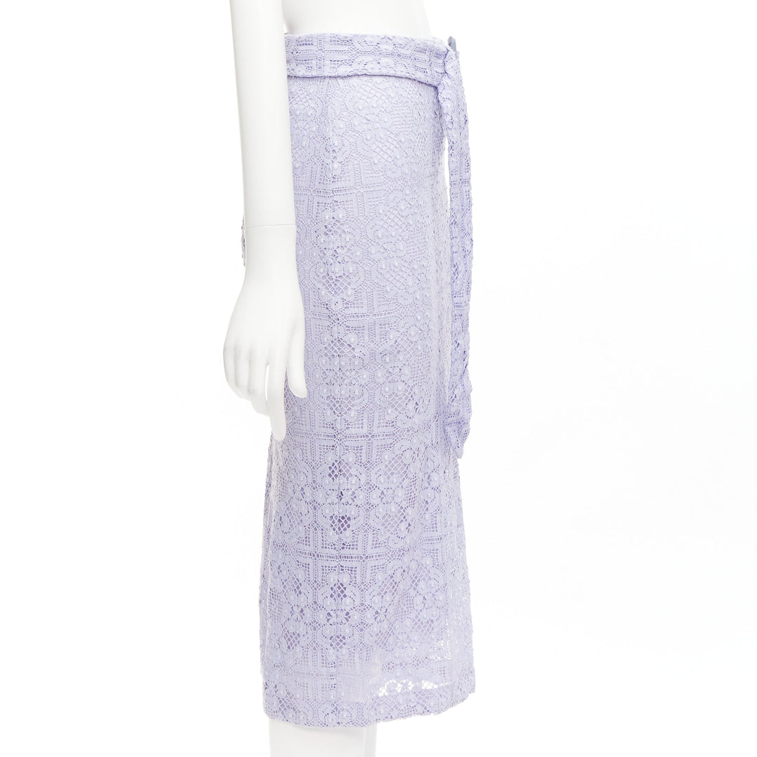 BURBERRY Runway lilac purple cotton blend lace belted pencil skirt IT36 XXS