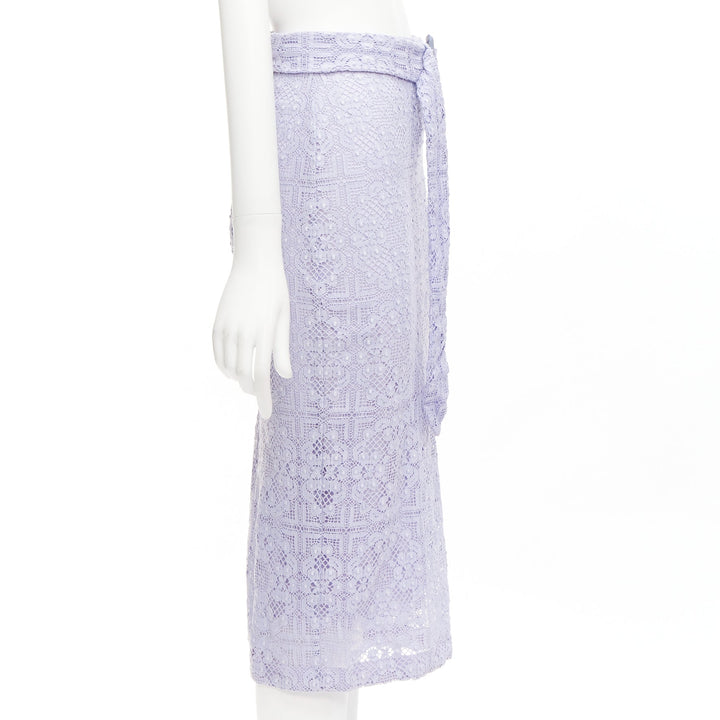 BURBERRY Runway lilac purple cotton blend lace belted pencil skirt IT36 XXS