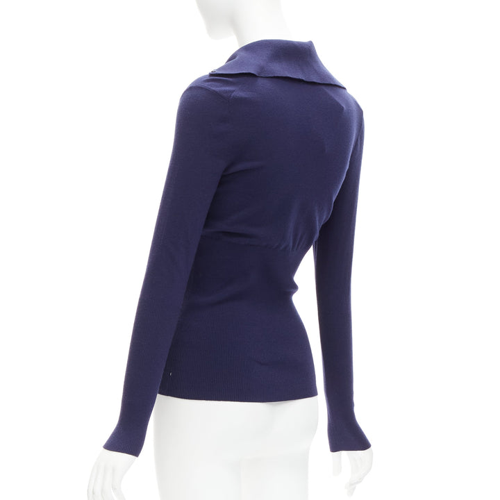 ALAIA navy blue wool blend button turtleneck sweater top FR40 L