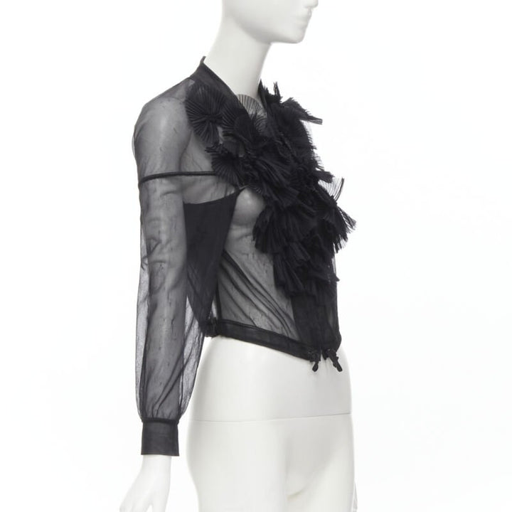 Runway COMME DES GARCONS Vintage 1990 black sheer pleated ruffle bomber jacket S