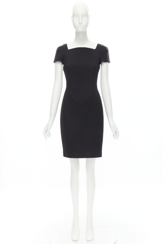 VERSACE square neckline leather cap sleeve bodycon seam sheath dress IT38 XS