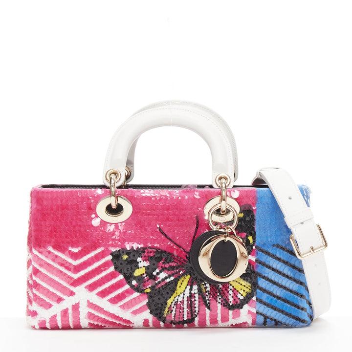 rare CHRISTIAN DIOR Lady D-joy Runway pink blue butterfly sequins crossbody bag