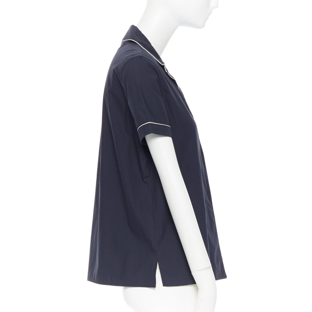 JIL SANDER navy blue cotton cuban shirt notch collar pipe short sleeves FR34