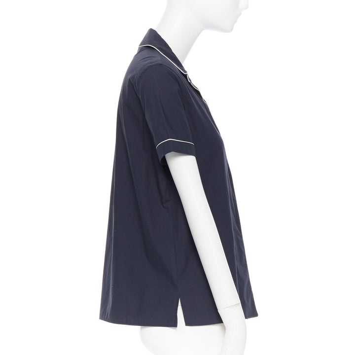 JIL SANDER navy blue cotton cuban shirt notch collar pipe short sleeves FR34
