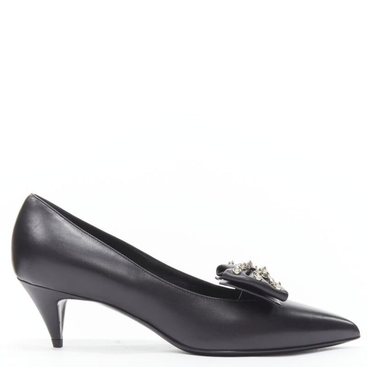 SAINT LAURENT silver spike studded bow point toe pump EU37