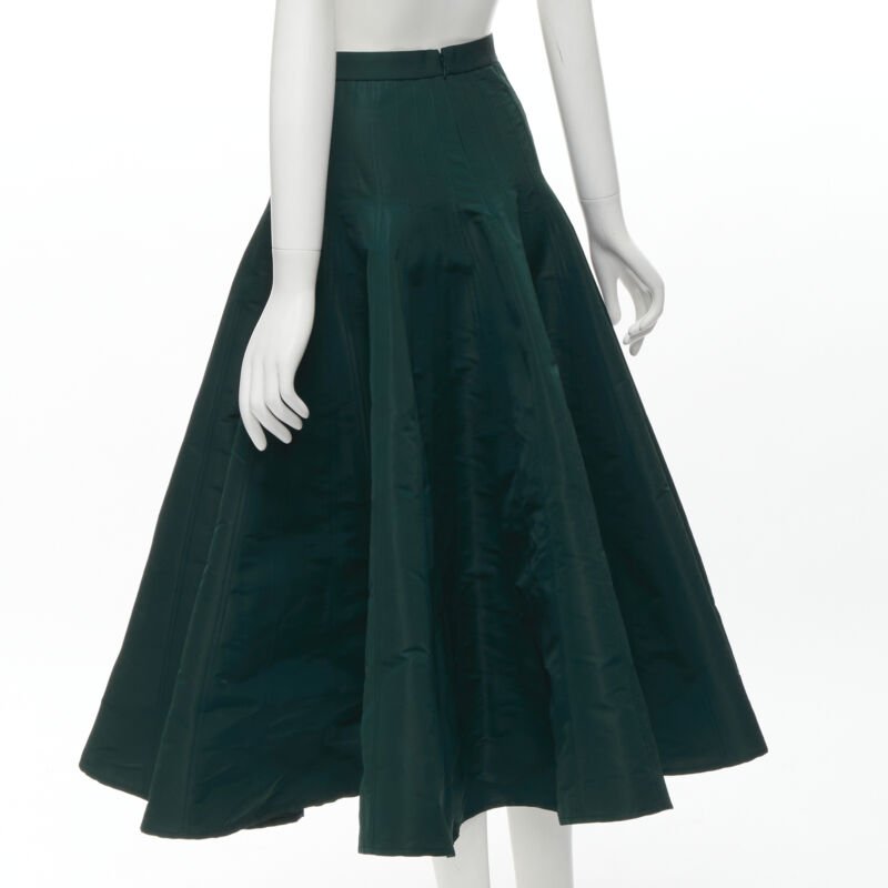 ALEXANDER MCQUEEN green taffeta top stitching panelled flared midi skirt IT36 XS