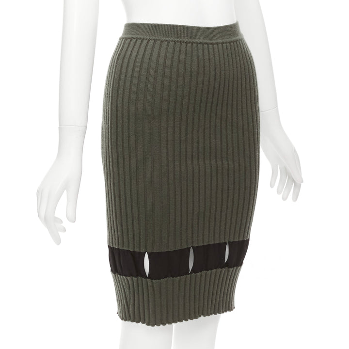 ALEXANDER WANG khaki black ribbed cut out pencil knee skirt XS