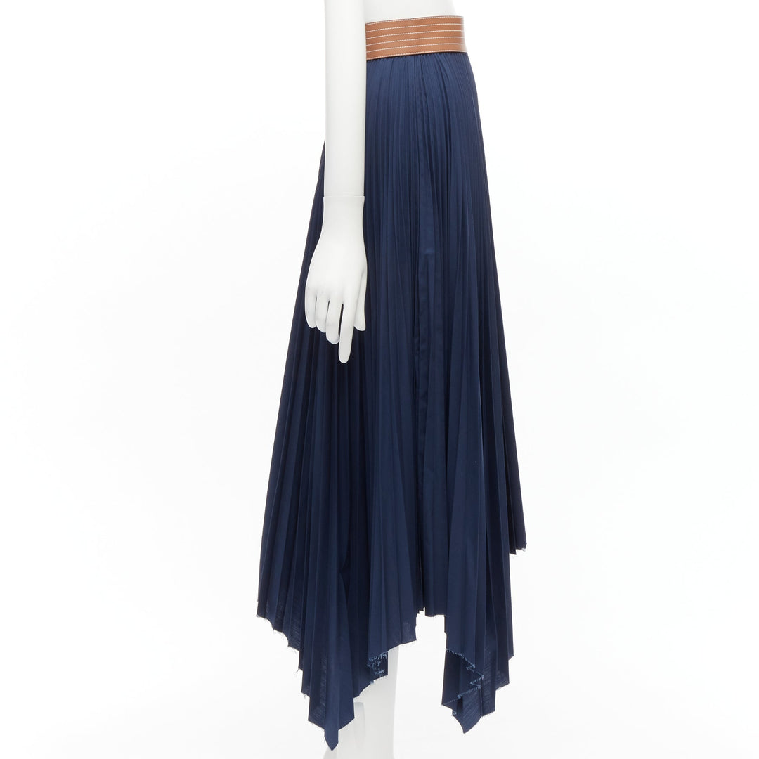 LOEWE brown cowhide leather white topstitched belt navy pleated skirt FR34 XS