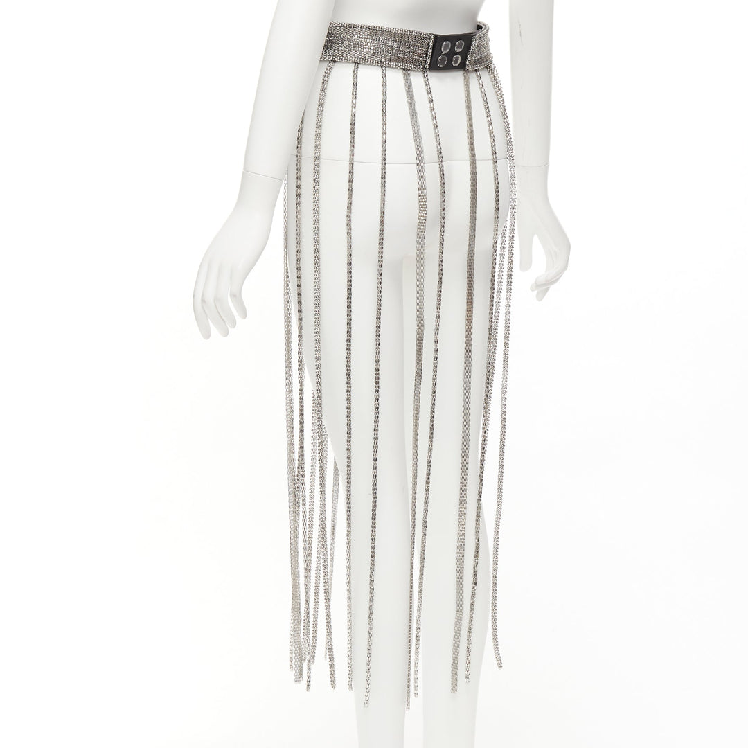 CHRISTOPHER KANE silver multi chain stud front black leather fringe belt S
