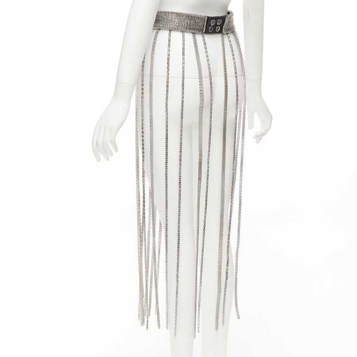 CHRISTOPHER KANE silver multi chain stud front black leather fringe belt S
