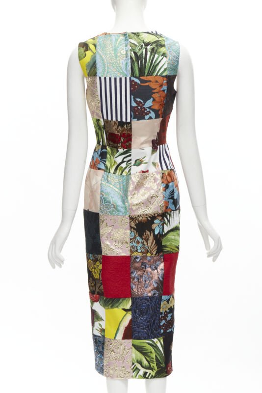 DOLCE GABBANA 2021 mixed grid patchwork jacquard front slit  midi dress IT38 XS