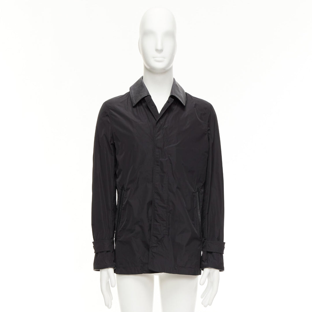 BURBERRY black textured leather trim nylon single breast trench coat IT48 M