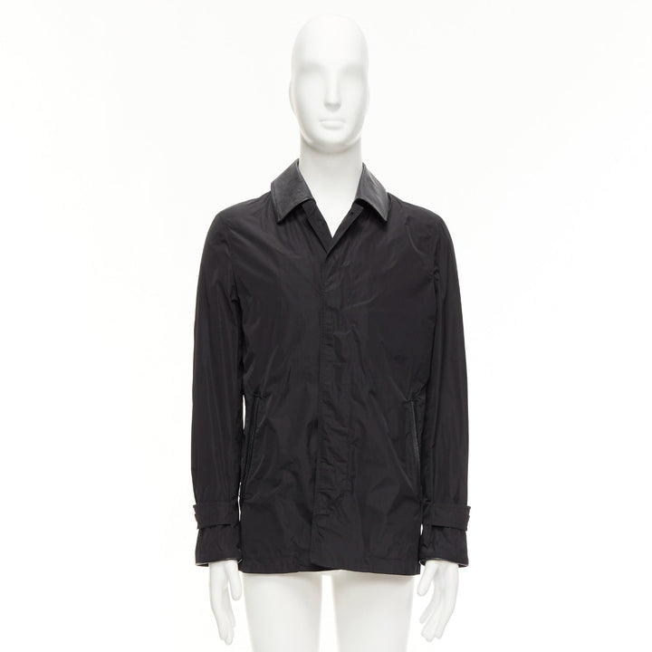 BURBERRY black textured leather trim nylon single breast trench coat IT48 M